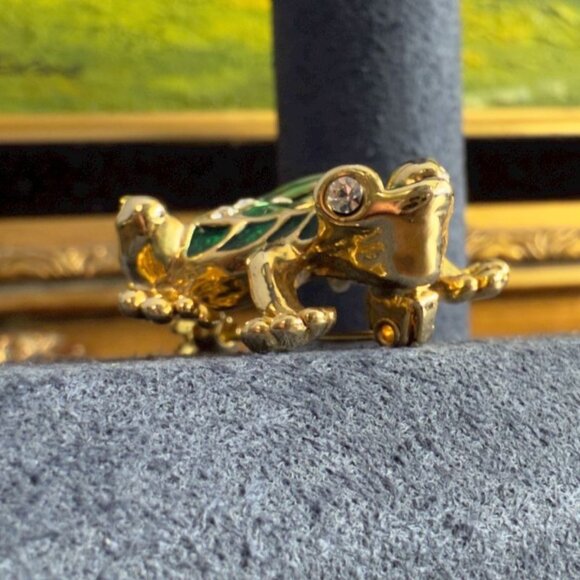 Vintage Frog Pin Enamel Rhinestone Gold Tone Signed Nat Landau Hyman NLH - Picture 5 of 10